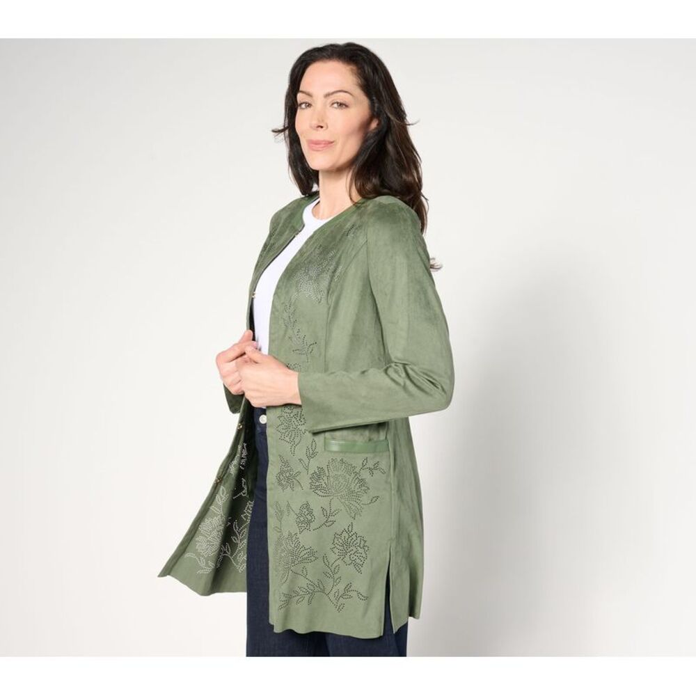 Isaac Mizrahi Live! Women's Petite Jacket 1XP Perforated Faux Suede Green